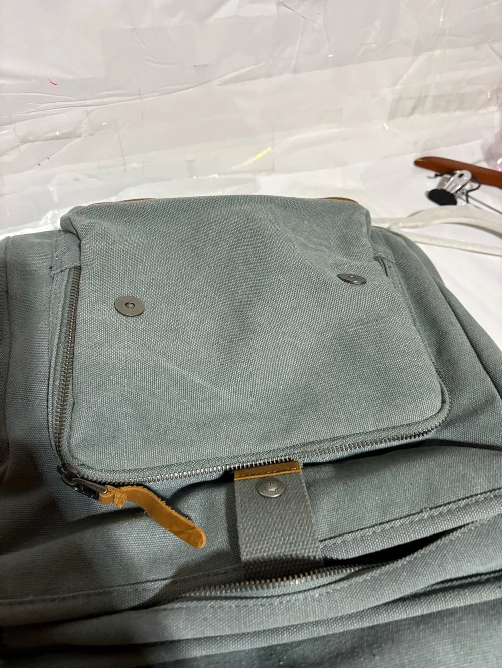 TSD Canvas Daypack Backpack with Tan Leather Accents - Green